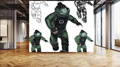 Hand drawn a bomb suit must protect all parts of the body, Soldier in bomb suit with fire bomb cartoon vector Wall mural