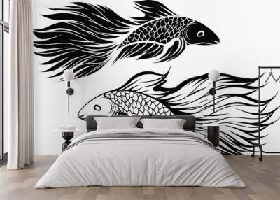 Hand drawn and Silhouette beautiful siamese fighting fish.Thai beautiful fish tatoo.infinity asian fish. Wall mural