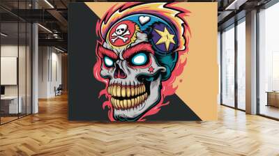 An attractive t-shirt design featuring a colorful, stylized skull with sharp, glowing eyes and skull and intricate symbols such as crossbones, hearts and stars. Wall mural