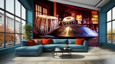 ethnic musical instruments tabla and hang in the interior of the chill-out Wall mural