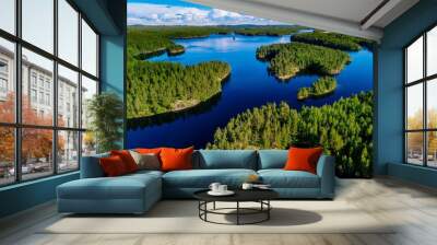 Aerial view of blue lakes and green forests on a sunny summer day in Finland. Wall mural