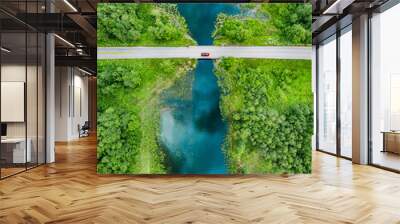 Aerial view of bridge asphalt road with car over blue river water in summer Finland. Drone view Wall mural