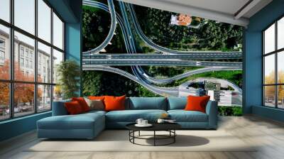 Aerial view of highway, expressway and motorway with a toll payment point in Italy Wall mural