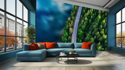 Aerial view of road between green forest and blue lake in Finland Wall mural