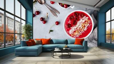 Cherry smoothie bowl with granola, almonds, coconut and fresh berries Wall mural