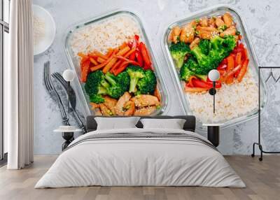 Chicken teriyaki meal prep lunch box containers with broccoli, rice and carrots Wall mural