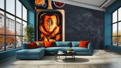 Christmas roasted chicken or turkey with spices, oranges and cranberries Wall mural