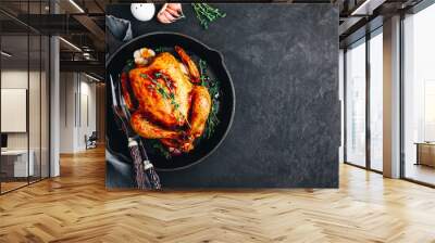 Grilled fried roasted whole Chicken in cast iron pan Wall mural