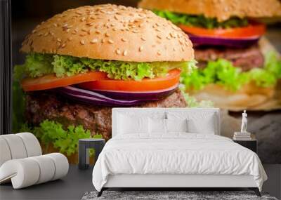 homemade hamburger with green lettuce, tomato and red onion Wall mural