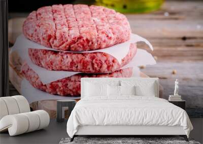 Ingredients for burgers: raw minced beef cutlets Wall mural