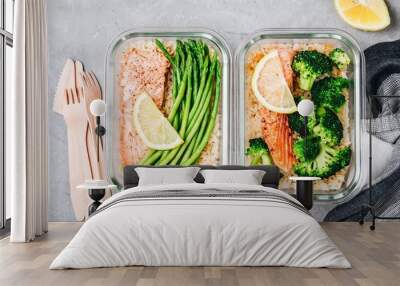 Meal prep lunch box containers with baked salmon fish, rice, green broccoli and asparagus Wall mural