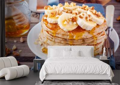 Oat pancakes with banana, walnuts and honey Wall mural