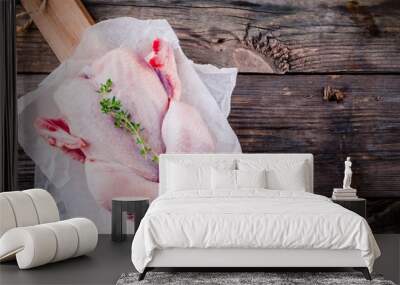 organic raw whole chicken on wooden background Wall mural