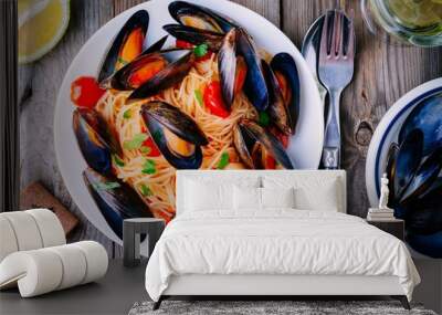 Seafood pasta spaghetti with mussels and tomatoes Wall mural