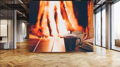 Two cups and Open book by Fireplace Wall mural