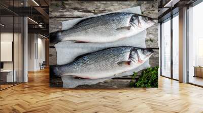 two raw fresh seabass with thyme Wall mural