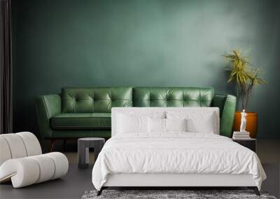 A light green leather sofa is positioned against a wall with a copy space. Mid-century, retro, vintage-style home interior design of a modern living room Wall mural