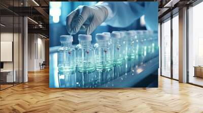 A pharmaceutical manufacturing plant scientist inspects medicine bottles wearing hygienic gloves. Pharmaceutical machinery working pharmaceutical glass bottle production line Wall mural