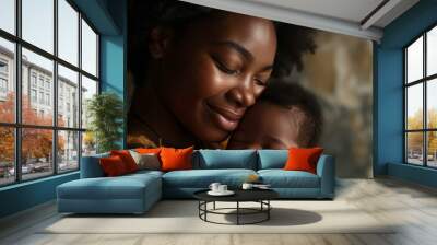 African black Mother smiling, holding newborn baby in her arms Wall mural