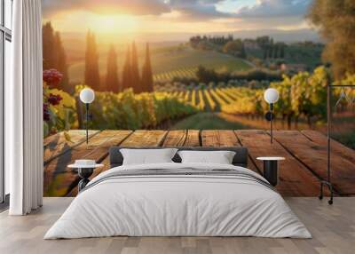 An empty wooden table for product display. Blurred french vineyard in the background Wall mural