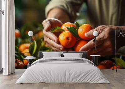 An orange or mandarin fruit is picked by a farmer's hands up close.Organic food, harvesting and farming concept. Background of fresh mandarins or oranges with green leaves  Wall mural