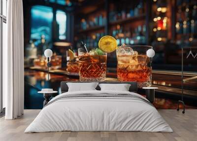 Bar cocktails Old fashioned negroni with orange on counter.Cocktail close up in a bar setting. Blurred people in the background. Selective focus on the icy drink and glass. Wall mural