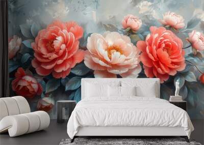 Beautiful peonies with a gray background.watercolor paint is hyper-detailed with a floral background Wall mural