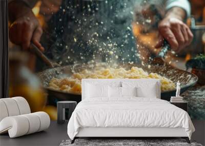 Close-up man cooking healthy pasta for his family in his home kitchen in a small frying pan dish with vegetables on stove Wall mural