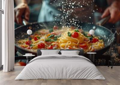 Close-up man cooking healthy pasta for his family in his home kitchen in a small frying pan dish with vegetables on stove Wall mural