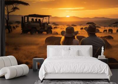 couple sitting on the floor Grass and a jeep in the grass field with wild animals in the background, the sunset Wall mural