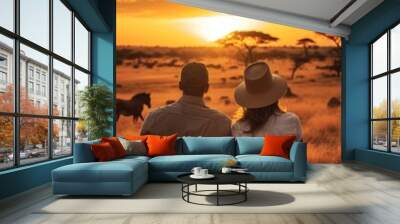 couple sitting on the floor Grass and a jeep in the grass field with wild animals in the background, the sunset Wall mural