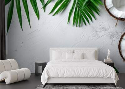 Free Copy Summer Flat lay background. Frame of tropical leaves and fresh coconut on light gray background top view copy space. Healthy cooking. Creative healthy food concept, half of coconut, nature Wall mural