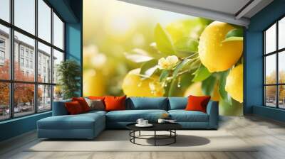 Fresh lemons on the tree in a lemon farm It is ready to be picked up by farmers and marketed. The weather is sunny and fresh.Background of a lemon garden in summer with copyspace for text Wall mural