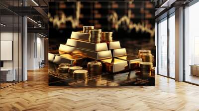 Gold price throughout stock Gold bars placed on top of stocks and stock charts showing investments with Stocks Graph Representing Financial investment, Gold Stock Market Wealth, Money Trade Exchange. Wall mural