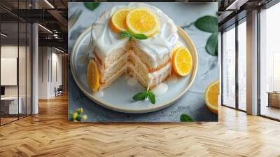 Homemade Tasty lemon cream cake zest A piece of biscuit dessert with powdered sugar glaze dripping over lemon and coconut flakes. Layered vanilla cake on a white plate. Wall mural