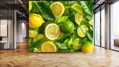 Lemons and limes with green leaves on a green background Creative food summer citrus fruits banner panorama wallpaper, seamless pattern texture, Top view of many fresh lemons Wall mural