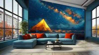 Modern Tent camping mountain under starry sky with milky way View of the serene landscape Wall mural