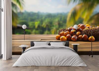 Old Wooden table with oil palm fruits and palm plantation in the background  - For product display montage of your products. Wall mural