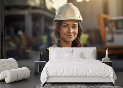 portrait of a smiling young female engineer working at a construction site. Wear a white construction safety helmet, work vest and ppe Wall mural