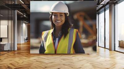 portrait of a smiling young female engineer working at a construction site. Wear a white construction safety helmet, work vest and ppe Wall mural