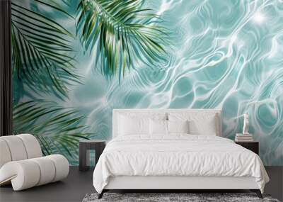 Spa concept with a palm leaf in wavy water. Abstract, transparent tropical water texture surface with palm leaves. top view, beauty backdrop, mockup, spa and wellness, copy space Wall mural