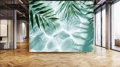 Spa concept with a palm leaf in wavy water. Abstract, transparent tropical water texture surface with palm leaves. top view, beauty backdrop, mockup, spa and wellness, copy space Wall mural