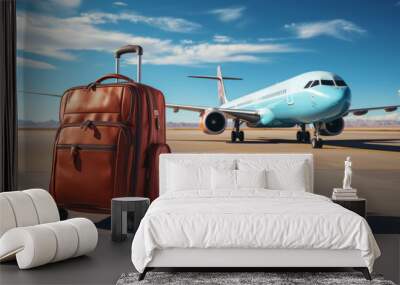 Suitcase in front of the plane at the airport, vacation, relocation, traveler suitcases in airport terminal waiting area, Suitcases in airport.Travel concept, summer vacation concept Wall mural