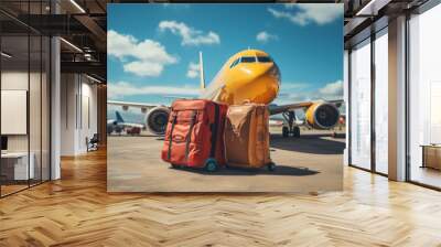 Suitcase in front of the plane at the airport, vacation, relocation, traveler suitcases in airport terminal waiting area, Suitcases in airport.Travel concept, summer vacation concept Wall mural