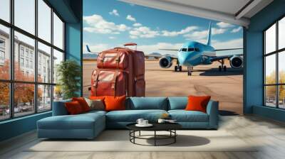 Suitcase in front of the plane at the airport, vacation, relocation, traveler suitcases in airport terminal waiting area, Suitcases in airport.Travel concept, summer vacation concept Wall mural