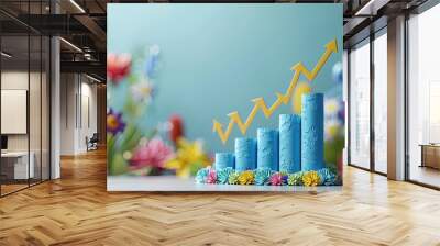 The 3d growth business graph on success financial represents profit and revenue growth, accompanied by a hovering arrow indicating positive market trends Wall mural