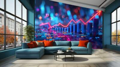 The 3d growth business graph on success financial represents profit and revenue growth, accompanied by a hovering arrow indicating positive market trends Wall mural