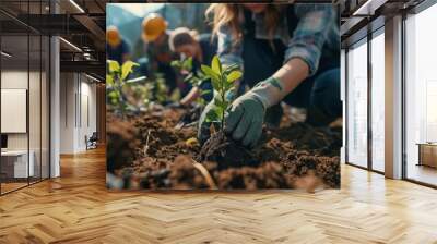 Volunteers plant trees together in a nature campaign Wall mural