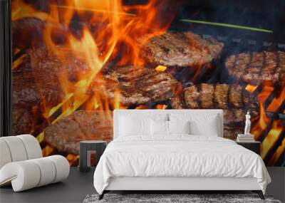 barbecue grill cooking burger steak on the fire Wall mural