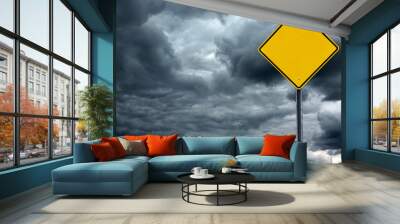 blank road warning sign in front of storm cloud background, ready for text Wall mural